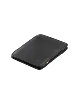 Billetera artesanal de cuero marrón oscuro con costuras en hilo rojo. Presenta un sistema de sujeción elástico en el lateral con detalles de colores (rojo, amarillo, azul) y ranuras para tarjetas en el exterior.