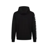 Canguro negro con capucha y cordones ajustables. Presenta el logo de la marca en el pecho y el nombre de la marca estampado en letras doradas a lo largo de la manga derecha. Cuenta con un bolsillo frontal tipo canguro.