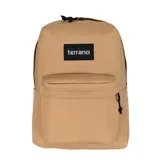 Mochila clásica de color beige con parche frontal negro de la marca Terrano. Presenta un compartimento principal con cierre, un bolsillo frontal amplio con cierre y bolsillos laterales. El interior está diseñado con una repartición para notebook.