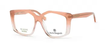 Lentes de receta Laura Biagiotti con marco de acetato ecológico en tono rosado con efecto degradado. Diseño de forma geométrica con patillas gruesas y logo de la marca grabado.