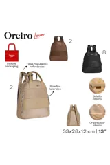 Mochila Oreiro de diseño urbano en color beige con detalles en marrón oscuro, manija superior y correas ajustables estampadas.