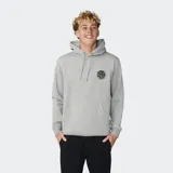 Canguro gris melange con capucha y cordones ajustables, bolsillo tipo canguro delantero y pequeño estampado circular en el pecho de la marca Rip Curl.