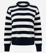 Suéter de chenille con diseño de rayas horizontales, cuello redondo, mangas largas y puños y ruedo acanalados.