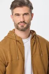 Canguro azul con capucha y cierre frontal, con bolsillos laterales.