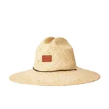 Sombrero de paja color beige con ala ancha y cinta marrón alrededor de la copa.