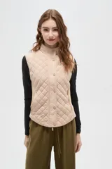 Chaleco acolchado de diseño capitoneado en color beige, con cuello alto y cierre frontal con botones a presión. Presenta un corte entallado y bolsillos laterales con cierre.