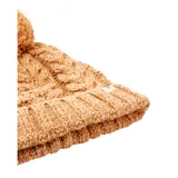 Gorro de lana tejido con diseño de trenzas, color mostaza con detalles jaspeados en blanco. Presenta un pompón grande en la parte superior, borde acanalado y una pequeña etiqueta lateral con el logo de la marca.
