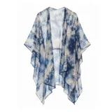 Kimono abierto de corte holgado y diseño fluido, confeccionado con estampa estilo tie-dye en tonos de azul y blanco.