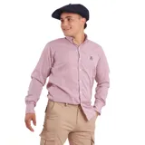 Camisa de hombre a cuadros rojos y blancos, de manga larga y corte clásico.