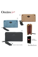 Billetera negra con cierre de cremallera y aplique metálico con forma de labios. Incluye llavero colgante con el logo de la marca.