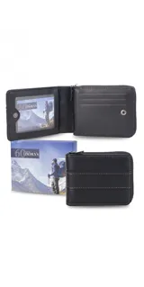 Billetera negra de simil cuero con cierre alrededor y broche frontal. Cuenta con espacio para billetes, tarjetas y documentos.