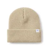Gorro de lana tejido a punto color beige, con dobladillo y etiqueta con logo de la marca Katin.