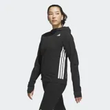 Campera rompevientos Adidas de running, color negro con las clásicas tres tiras blancas en los costados y logo reflectante. Cuenta con cierre frontal, capucha con cordón ajustable, bolsillo en el pecho y diseño entallado con puños con ojal para el pulgar.