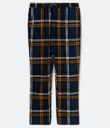 Pantalón de pijama masculino con cintura elástica y estampado a cuadros en tonos azul, naranja y blanco.