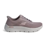 Championes deportivos Skechers Slip-ins Go Walk Flex Carla, color lila, con parte superior de malla atlética y cordones elásticos fijos. Cuentan con plantilla Skechers Air-Cooled Memory Foam y entresuela ligera ULTRA GO con Flex Pillars.