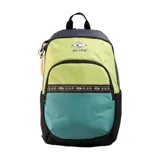 Mochila Rip Curl modelo Ozone Cool 30L Blocker, color lima con detalles en azul marino y turquesa. Presenta un bolsillo frontal con cierre, un asa superior y correas ajustables. Incluye un detalle de cinta decorativa con patrón étnico en la parte frontal y un llavero colgante.