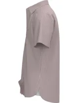 Camisa Tommy Hilfiger de corte regular, con cuello abotonado y diseño a rayas verticales en tonos marrón y blanco.