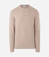 Suéter de punto para hombre, color celeste, con textura acanalada horizontal, cuello redondo y mangas largas con puños ajustados.