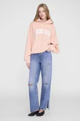 Hoodie oversize de algodón color rosa salmón, con capucha, bolsillo tipo canguro y el texto "ANINE BING" estampado en blanco en el pecho.