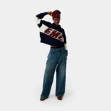 Campera de punto azul marino con cierre frontal, cuello polo y mangas largas con franjas horizontales blancas. Presenta la palabra 'EME' en color rojo en el pecho.