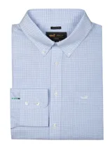 Camisa de manga larga RKF en color celeste con estampado de cuadrillé fino. Presenta cuello button-down, bolsillo frontal con logo bordado y puños con botones. Confeccionada en tejido resistente a las arrugas.