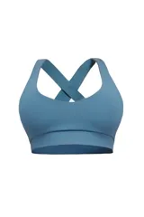 Top deportivo azul con escote redondeado y espalda cruzada.