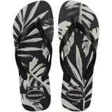Chinelas Havaianas modelo Aloha, con diseño estampado de hojas en blanco y negro y tiras negras.