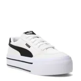 Championes Puma Court Classic Vulc Fs con plataforma, de diseño urbano en color blanco con detalles en negro. Presentan el logo de la marca en el lateral y en la lengüeta, con suela de plataforma alta con líneas decorativas negras.