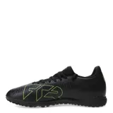 Championes de fútbol Puma Future 8 Play TT, color negro con detalles en verde flúor. Presentan una textura en el empeine para mejor control del balón y suela diseñada para césped sintético.