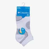Medias deportivas cortas Columbia de color blanco con detalles grises, tecnología absorbente de humedad Omni-Wick, hilo Coolmax y amortiguación Balance Point.