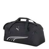Bolso deportivo Puma Fundamentals Sports Bag negro con detalles en blanco, doble asa de mano, correa ajustable para hombro, cierre superior con doble cremallera, bolsillo frontal con cremallera y logo de la marca estampado.