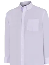 Camisa de manga larga RKF en color lila con estampado de rayas verticales finas. Presenta cuello button-down, bolsillo frontal con logo bordado y puños con botones. Confeccionada en tejido resistente a las arrugas.