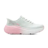 Championes deportivos Skechers modelo Max Cushioning Endeavour, con tecnología Slip-ins para un calce fácil. Presentan una parte superior de monomalla en tono gris claro y una entresuela con amortiguación Max Cushioning en degradado de blanco a rosado. Incluyen tecnología Heel Pillow en el talón y plantilla Air-Cooled Goga Mat.