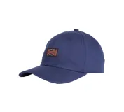 Gorra de béisbol azul marino con parche rectangular frontal que incluye el logo de Independent en color naranja.