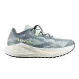 Championes de trail running y trekking Salomon modelo Aero Glide 4 Grvl, en tonos gris y verde menta con suela blanca y detalles en negro. Cuentan con sistema de ajuste rápido de cordones y capellada de malla transpirable.