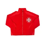 Campera de nylon color rojo con cierre frontal, cuello alto y corte boxy. Presenta detalles de pedrería en los hombros y laterales, junto con un estampado gráfico en forma de cruz en el pecho.