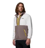 Campera de forro polar Columbia Backbowl II Light FZ, con diseño colorblock en tonos blanco, marrón y detalles en verde oliva. Cuenta con cuello alto, cierre frontal completo y bolsillos laterales con cierre.
