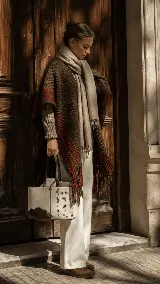 Ruana tejida artesanalmente en lana merino, con diseño envolvente en tonos tierra y detalles en color bordó. Presenta terminaciones con flecos en los extremos.