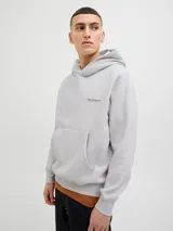 Hoodie gris melange de corte holgado, con capucha, bolsillo tipo canguro y pequeño estampado en el pecho. Confeccionado en tejido loopback con interior suavemente afelpado, puños y dobladillo acanalados.