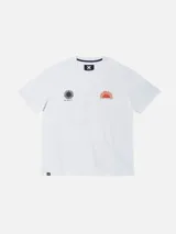 Camiseta color durazno con estampado en la espalda con motivos geométricos y texto.