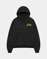 Hoodie de corte regular en color gris melange, con capucha, mangas largas y bolsillos tipo canguro. Presenta un estampado gráfico en la espalda con la inscripción 'Fletes' y una ilustración de una grúa transportando una planta.