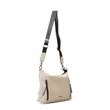 Bandolera color beige con correa ancha ajustable en color negro. Tiene un bolsillo frontal con cierre y dos bolsillos laterales con cierre.