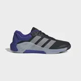 Championes de training Adidas Dropset 4 diseñados para entrenamientos de fuerza, con mediasuela de espuma Repetitor, varillas Energyrods en el talón y suela de caucho Continental. Color negro con detalles en violeta y gris.