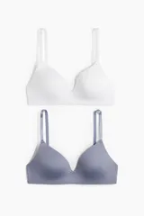 Pack de dos soutiens de microfibra con copas acolchadas sin aros, uno de color blanco y otro de color gris, con tirantes ajustables y diseño liso.