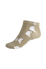 Soquetes de algodón color beige con estampado de osos polares blancos y etiqueta de marca en el borde superior.