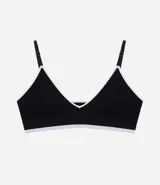 Soutien tipo bralette de diseño seamless en color marrón oscuro, con ribetes en contraste color blanco y banda inferior en color lila. Presenta copas desmontables y breteles finos ajustables.