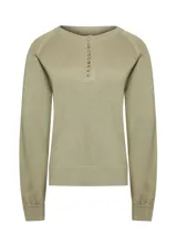 Sweater de punto color verde oliva, de manga larga y cuello redondo con abertura frontal parcial de botones con efecto madera.