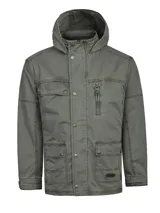 Chaqueta de algodón con teñido en prenda y acabado desgastado. Presenta capucha integrada, cierre frontal con cremallera y tapeta con broches, múltiples bolsillos frontales con solapa y un bolsillo vertical con cierre en el pecho.