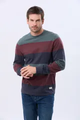 Remera de manga larga con diseño de franjas horizontales en tonos verde militar, bordó y azul marino, con cuello redondo y pequeño texto estampado en el pecho.