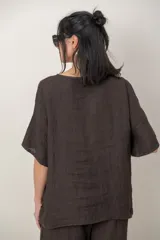 Blusa de lino color blanco, de corte amplio, con escote redondo, mangas cortas y detalle de guarda calada horizontal en la parte inferior.